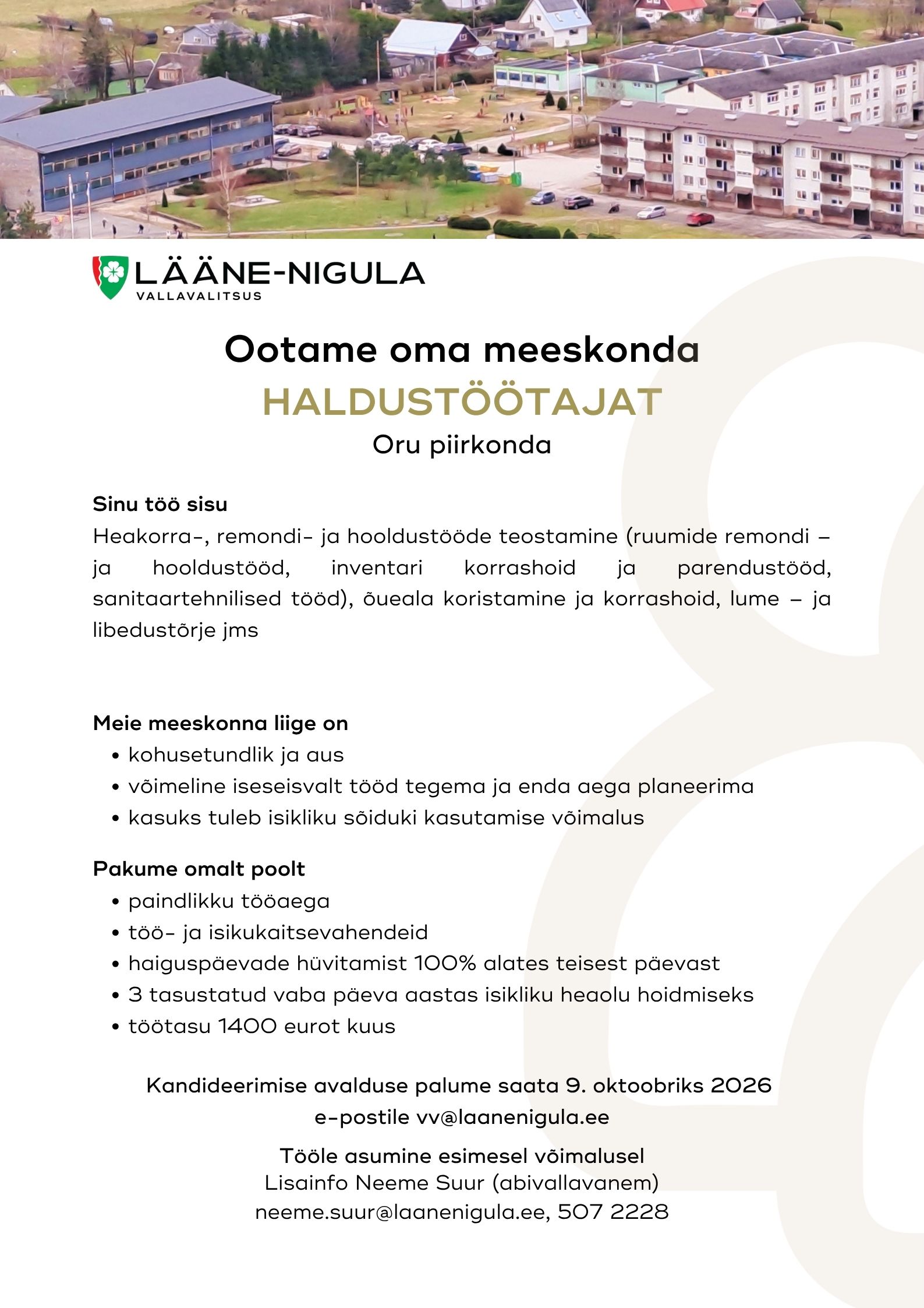 Töökuulutus Oru piirkonna haldustöötaja leidmiseks. 