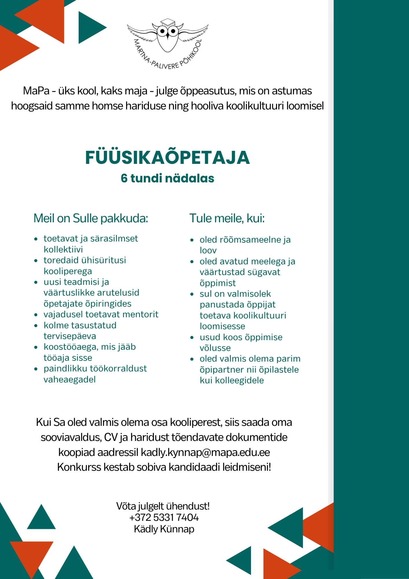 Töökuulutus füüsikaõpetaja leidmiseks (6tundi nädalas)