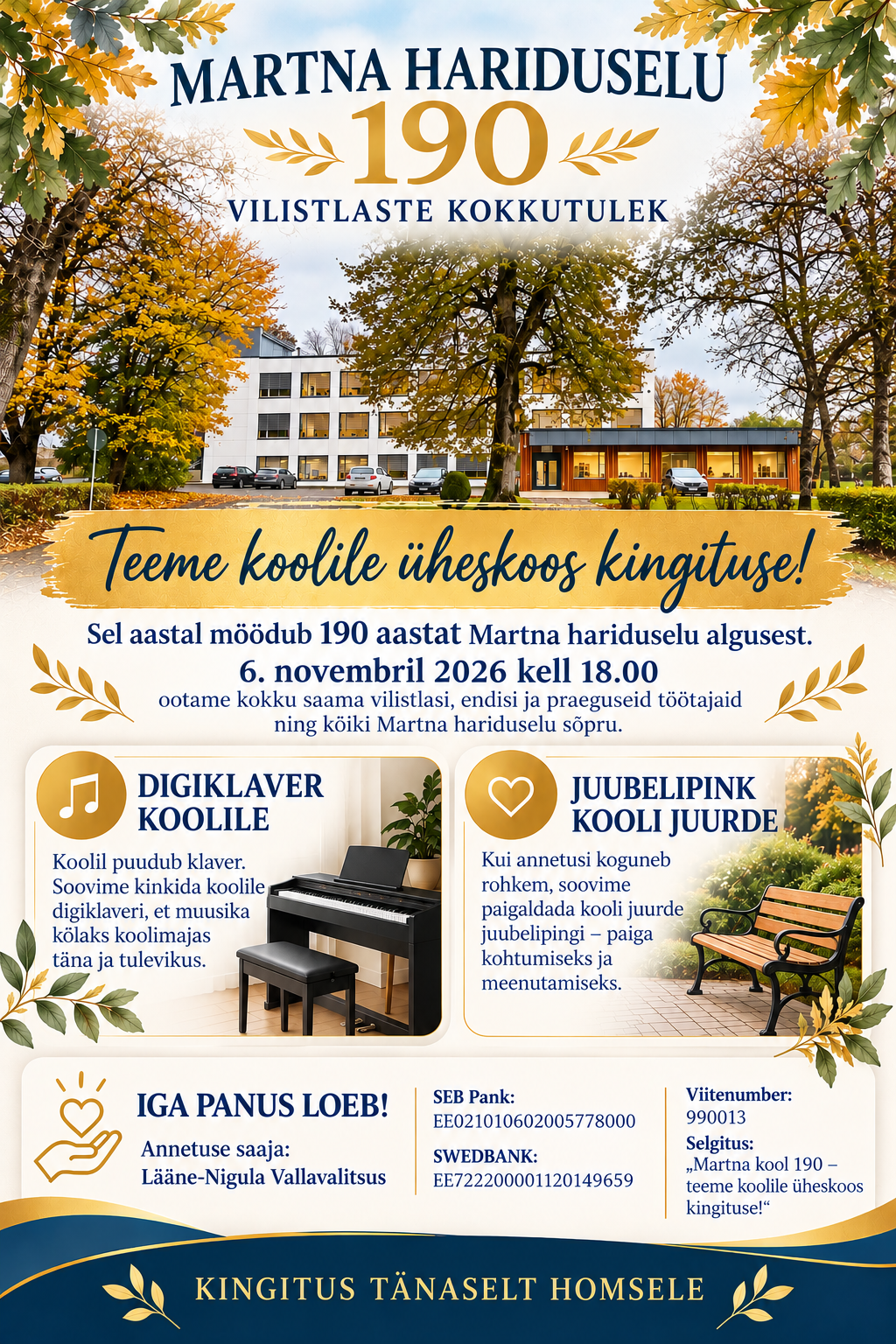 Lääne-Nigula Vallavalitsus SEB Pank: EE021010602005778000 SWEDBANK: EE722200001120149659 Viitenumber: 990013 Selgitus: Martna hariduselu 190 - teeme koolile üheskoos kingituse